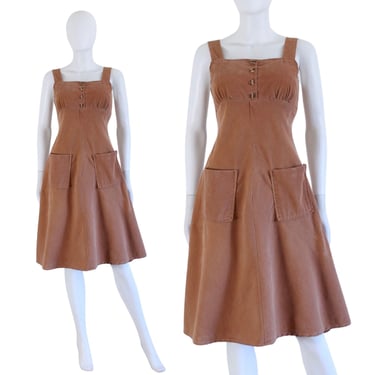 1990s Brown Corduroy Jumper Dress - 90s Pinafore Dress - 1990s Corduroy Dress - Vintage Jumper Dress - 90s Empire Waist Dress | Size Small 