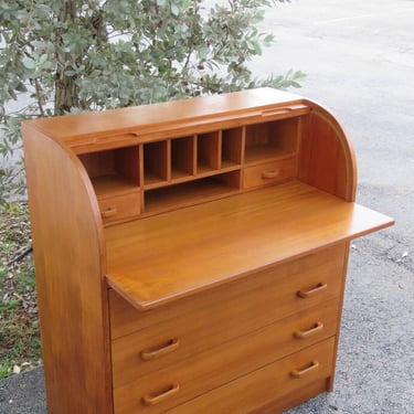 Danish Modern Mid Century Teak Wood Roll Top Secretary Desk 3782