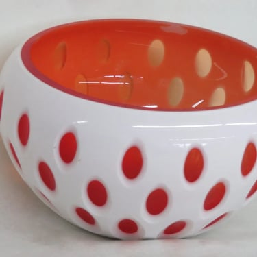 White Cased Glass Cut to Orange Oval Dots Art Glass Large Bowl Centerpiece 3027B