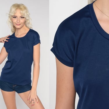 70s Navy Blue Top Polyester TShirt Plain T Shirt Cap Sleeve Top Retro Tee Vintage Basic Women 1970s Short Sleeve Small S 