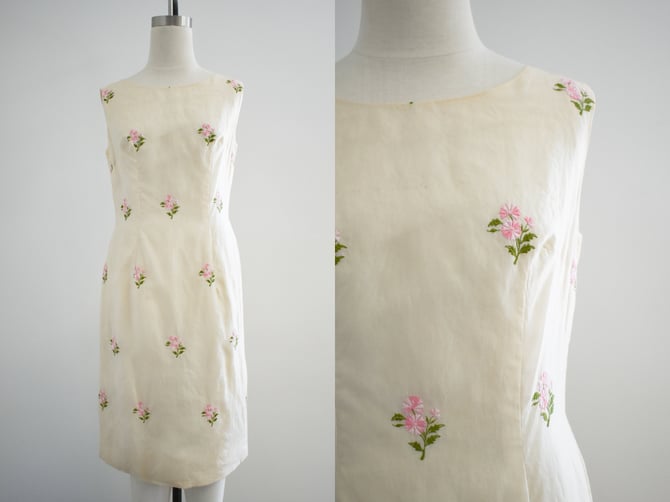 1960s Tesoro's Cream Floral Embroidered Organza Shift Dress 