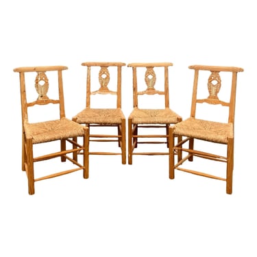 Rustic Pine Farmhouse Swan Carved Dining Chairs - Set of 4 