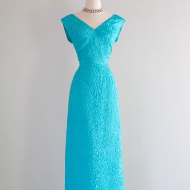 Sensational 1960's Brilliant Turquoise Brocade Evening Gown by Lilli 
