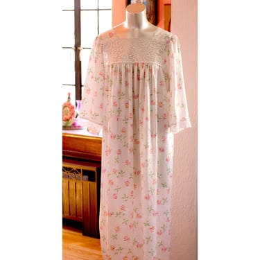 CHRISTIAN DIOR Vintage Night Gown, Floral, Lace Trim, 1980s, 1990s 