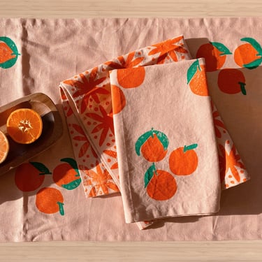 linen dinner napkins. blush tangerines. hand block printed. placemats / tea towel. coastal. boho decor. hostess gifting. 