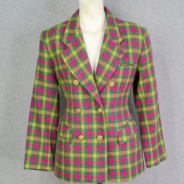 1980s 80s - Green and Pink Plaid Blazer - by BANU Paris - Preppy Plaid Blazer - Wool Blazer - Size 4 