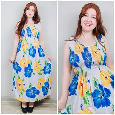 1990s Vintage Hawaiian Smocked Floral Dress / 90s / Nineties Blue and Yellow Hibiscus Shirred Sundress / One Size 