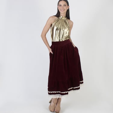 Gunne Sax High Waist Burgundy Velvet Pockets Skirt, Size 11 