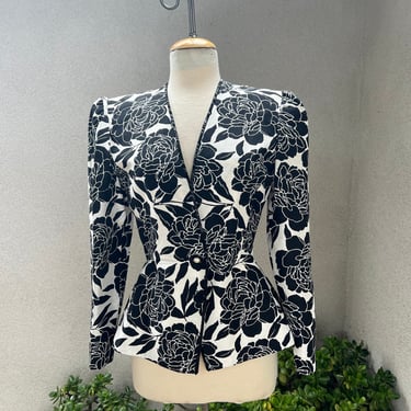 Vintage 80s silk peplum jacket black white floral beads Sz 6 Nolan Miller 