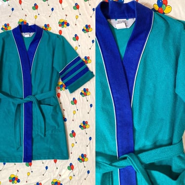 Vintage 80s Kids Deadstock Velour Fleece Color Block Robe Made In USA Size 8 