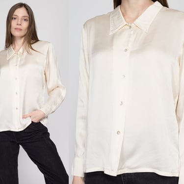 Medium 90s Ivory Silk Blouse | Vintage Minimalist Abalone Button Up Long Sleeve Collared Shirt 
