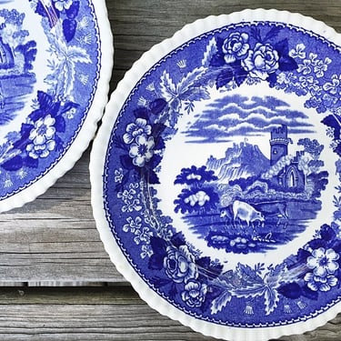 2 Antique blue transferware plates, Adams vintage English ironstone, Cattle scenery plates for hanging, French country cottage decor 