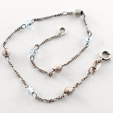 90's Italy MWS sterling blue crystal ankle bracelet, minimalist glass beads 925 silver figaro chain anklet 