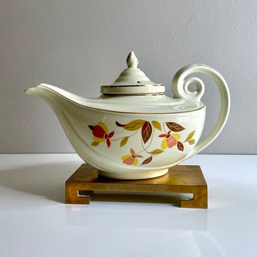 3 piece, 1930 1940 Collectible, Hall's Superior, Aladdin style, Ceramic Teapot, Autumn Breeze pattern, Brick Red, Yellow, Pink, Olive Greens 
