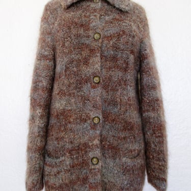 Vintage 1970s Avoca Handweavers Cardigan, Medium Women, Shades of Brown Fuzzy Wool Pile, Hand Knitted 