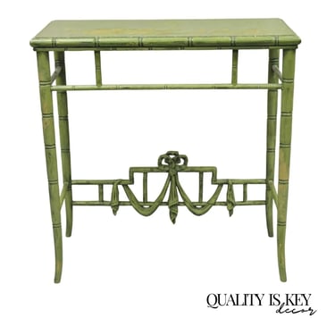 Vintage French Hollywood Regency Style Green Distress Painted Faux Bamboo Table
