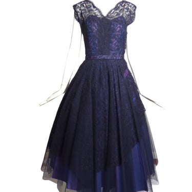 1950s Navy Tulle & Lace Party Dress, Size-8