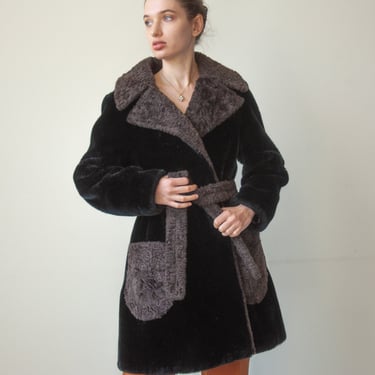 3179o / 1960s contrast belted faux fur coat 