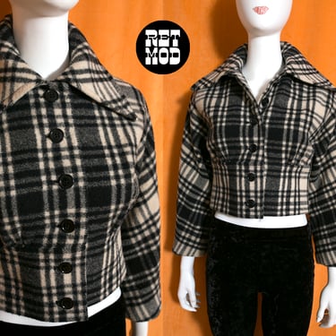 Totally Cool Vintage 70s Cropped Plaid Wool Jacket with Big Collar 