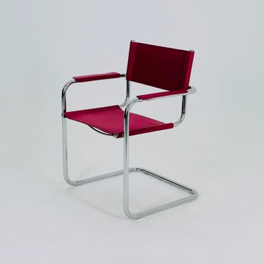 Mid Century iconic Mart Stam S34 armchair / Bauhaus chrome tube steel and burgundy faux leather / 80s vintage cantilever chair  italy 