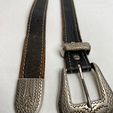 Vintage black leather belt with shiny silver ornate buckle~ skinny belts thin western vibes~ unisex androgynous size XLG 35”-40” 