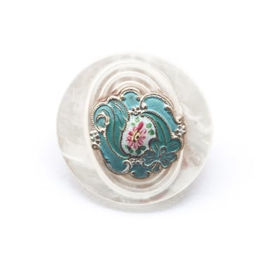 Vintage mother of pearl brooch with painted enamel center plaque 