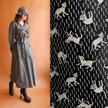 Vintage 70s Raining Cats and Dogs Trench Coat and Matching Hat/ 1970s Novelty Print Raincoat / Size Small 