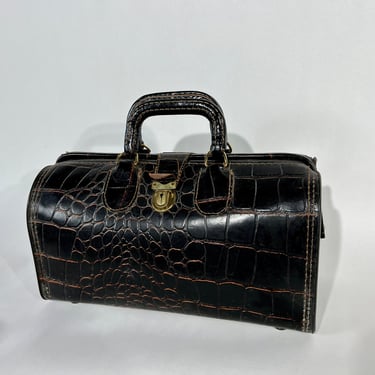 Vintage Stamped Crocodile Genuine Leather Doctors Bag 