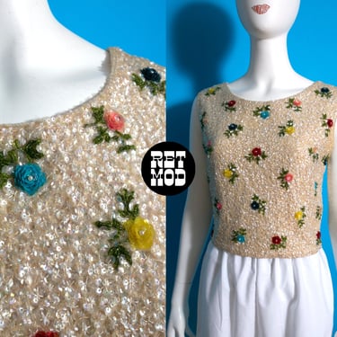 BEAUTIFUL Vintage 60s Fully Sequined Sleeveless Knit Top with 3D Sequin Flowers 