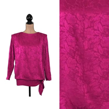 80s Long Sleeve Silk Blouse, Fuchsia Jacquard Dressy Top, 1920s Style Drop Waist Side Tie, 1980s Clothes Women, Vintage Liz Claiborne Size 6 