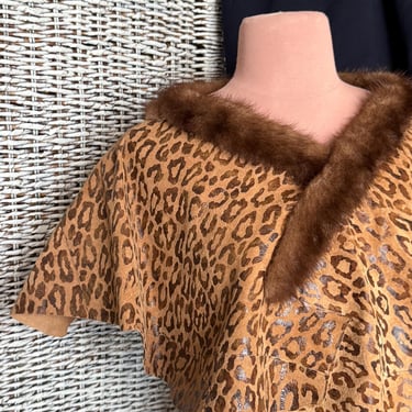 Suede and Fur Statement Piece, Capelet, OOAK Layering Style Piece, Leather Leopard Print, Shawl, Vintage Street Style Fashion 