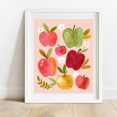 Apples 8 X 10 Art Print/ Fall Fruit and Produce Wall Decor/ Kitchen Food Illustration/ Farmers Market Inspired Art 