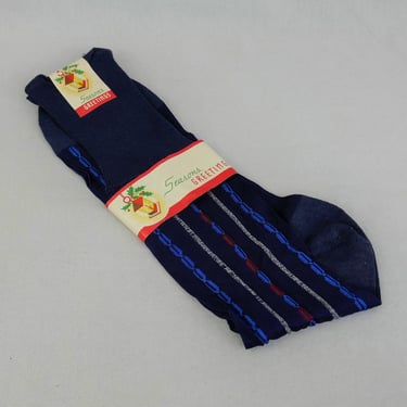 Men's Vintage Dress Socks - NOS NWT New Unworn Deadstock - Navy Blue w/ Red White - Rayon Cotton Blend - Mid-Century Hosiery 