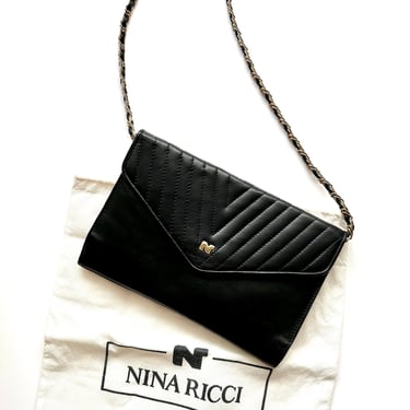 Vintage Nina Ricci Quilted Leatherl Purse // Black Crossbody Gold Chain Bag 