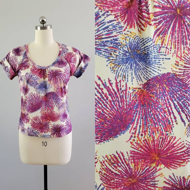 1970's Fireworks Print Blouse 70's Top 70s Women's Vintage Size Medium 