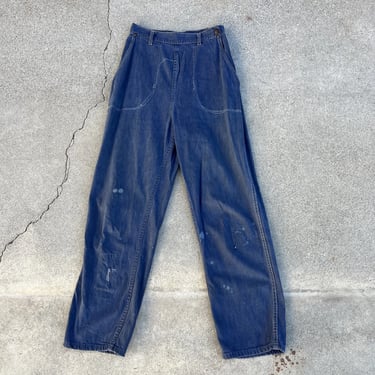 Vintage 1940s 1950s Denim Pants Side Zip Sportswear Blue Jeans High Waist Work