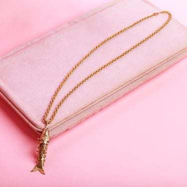 Vintage 80s Gold Tone Long Braided Chain Fish Scale Pendant Minimal Necklace 