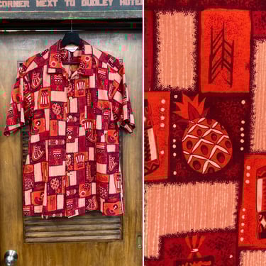 Vintage 1950’s Size L Atomic Drum x Pineapple Cotton Hawaiian Shirt, Loop Collar, Tiki, 1950’s Shirt 
