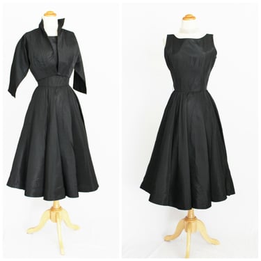 Vintage 40's 50's The Best VLV Black Rayon Taffeta Full Circle Swing Dress Matching Crop Bolero Jacket JULIE MILLER California 