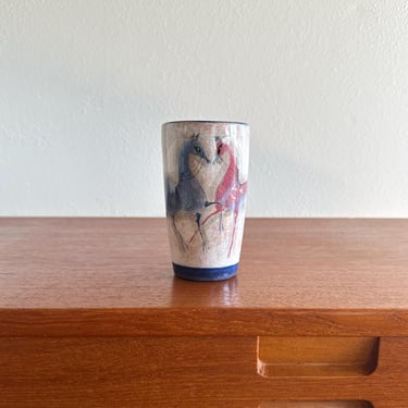 Polia Pillin ceramic vase with horses / midcentury art pottery / signed handmade California studio art 