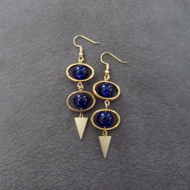 Blue glass and gold dangle earrings 