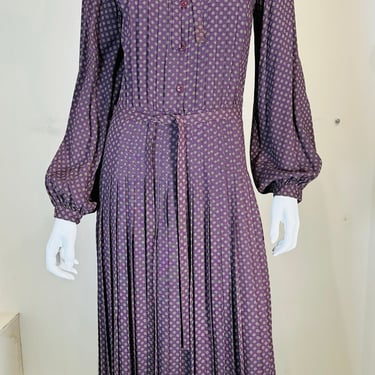 Albert Nipon Plum with Grey Mini Circles Pleated Skirt Shirtwaist Dress 1970s