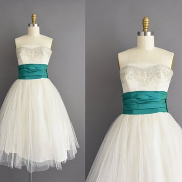 vintage 1950s Strapless Cupcake Party Dress | Small 