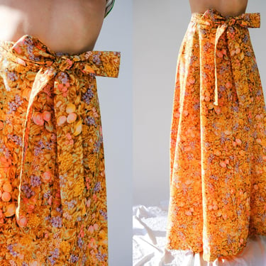 Vintage 70s Earthtone Floral & Fruit Print Maxi Skirt w/ Wrap Belt Waist | Bohemian, Hippie, Prairie, Western | 1970s High Waisted Skirt 