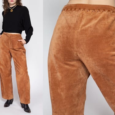 Large 90s Brown Suede Western Trousers | Vintage Caramel High Waisted Straight Leg Leather Pants 