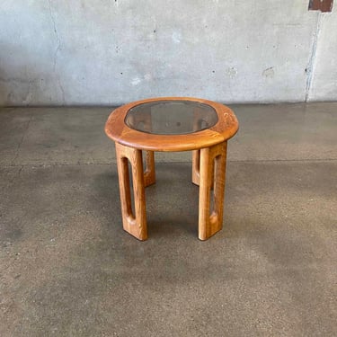 Vintage Solid Oak Side Table w/ Smoked Glass