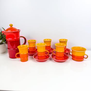 Vintage Coffee Service by Rosenthal Studio-Line set designed by Bjorn Wiinblad, Tall Pitcher, Mugs & saucers Orange Red Yellow Striped 