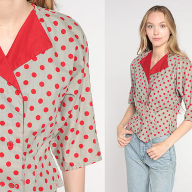Grey Polka Dot Blouse 80s Double Breasted Button Up Shirt Retro Secretary Top Fitted Short Sleeve Bohemian Red Vintage 1980s Cotton Small S 
