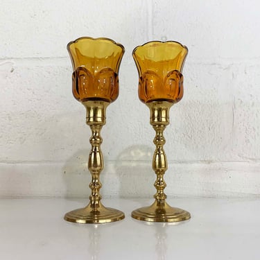 Vintage Glass Brass Candleholders Set Tea Light Candlesticks Mid-Century Candleholder Wedding Candlestick Glass Amber Votives 1970s 