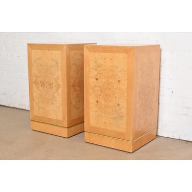 Milo Baughman Style Mid-Century Modern Burl Wood and Brass Pedestals by Drexel Heritage, Newly Refinished